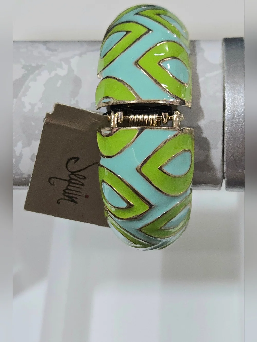 Sequin NYC Nordstrom Enamel Bangle Turquoise‎ & Lime Green Moorish Pattern NWT